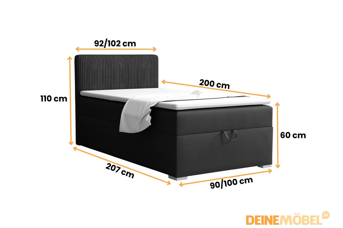 BOXBETT TEEN 4 100/200 Velours / Cord Schwarz H3 - Schwarz, Holz/Holzwerkstoff (100/200cm) - Deine Möbel 24