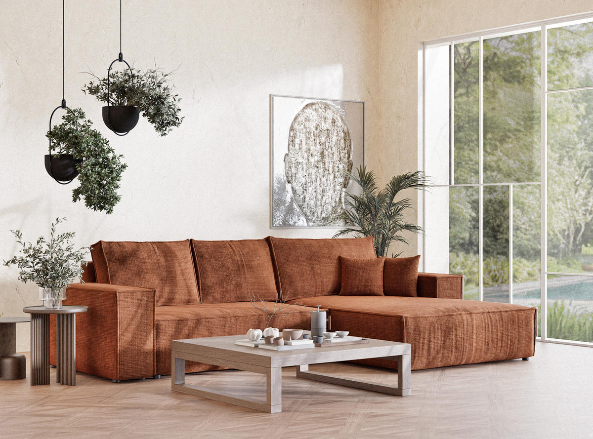 ECKSOFA Maze Kupferfarbe Chenille-Stoff - Rechts Seite - Schwarz/Kupferfarben, Holz/Holzwerkstoff (294/185cm) - Maison de Reve