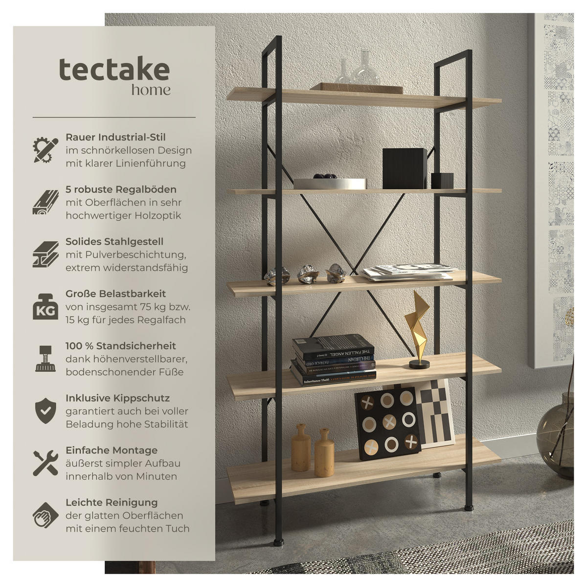 REGAL Glasgow,inklusive Kippschutz, 106 x 34,5 x 179,5 cm,Industrial Holz hell, Eiche Sonoma - Naturfarben, Holz (34.5/179.5/106cm) - tectake