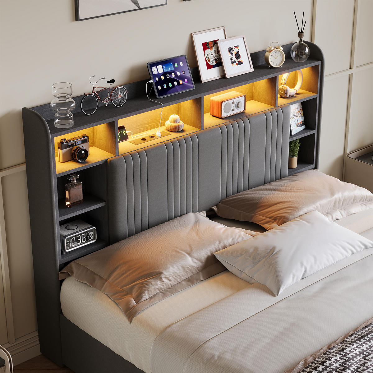 POLSTERBETT 160x200 cm LED USB 4 Schubladen Stauraum Kopfteil Leinen grau - Grau, Holz (160/200cm) - LEBENLANG