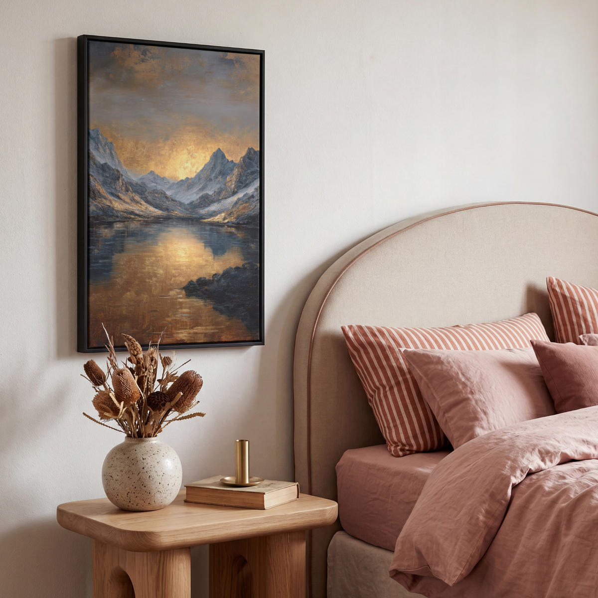 LEINWAND Bilder mit Rahmen - Bergkulisse mit goldenem Sonnenuntergang - 40x60 - Goldfarben, Textil (40/60cm) - MuchoWow