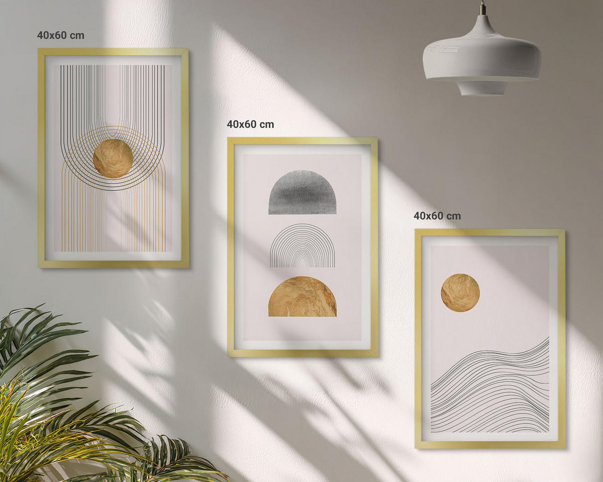 WANDBILDER 3er Set - 40x60 cm Goldrahmen - Abstrakte Formen in Beige und Grau - Goldfarben, Kunststoff (40/60cm) - ArtPrintCave