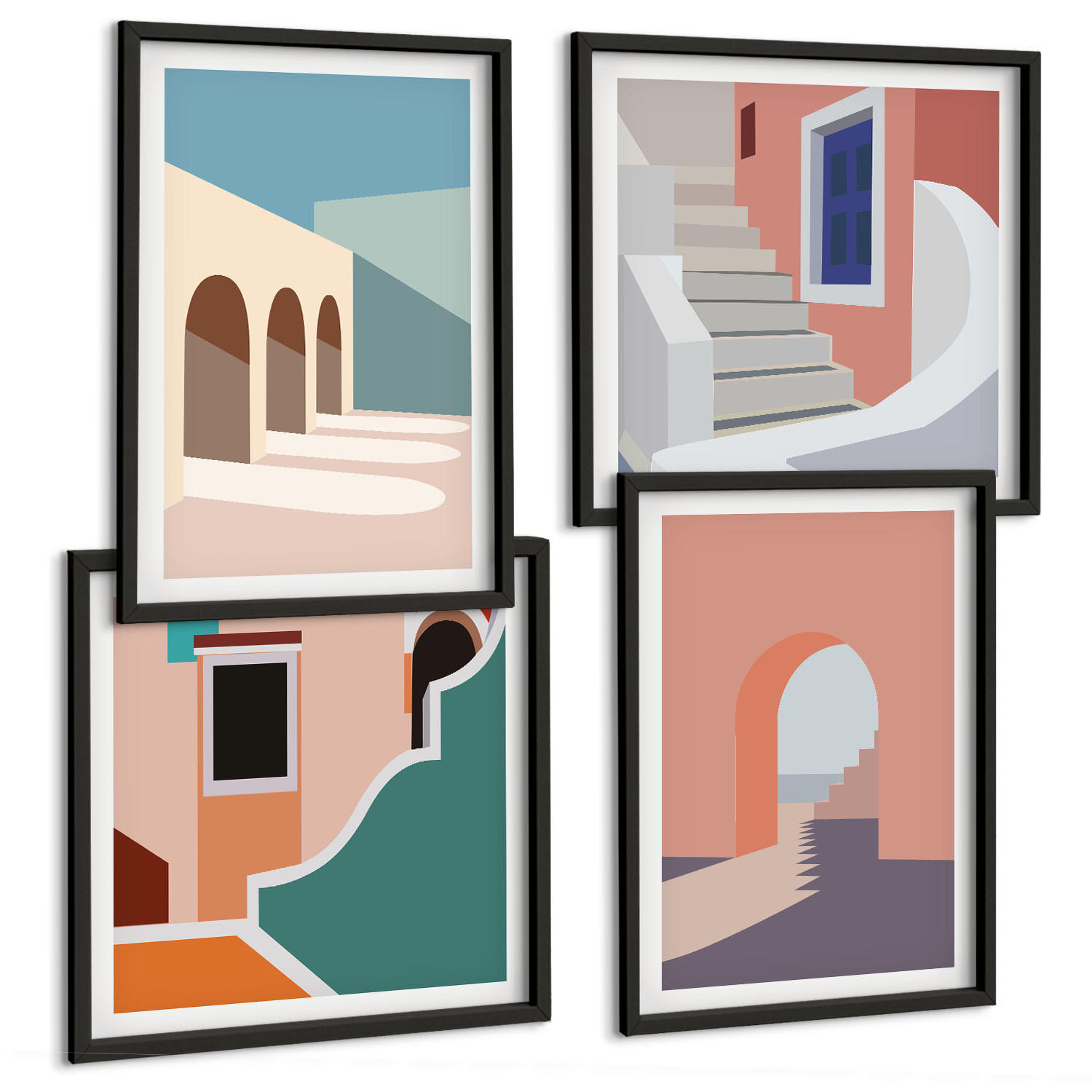 BILDER SET 4er Set - 50x50 cm & 40x60 cm Schwarzer Rahmen - Minimalistische Pastellgrafiken - Schwarz, Kunststoff (50/50cm) - TULUP