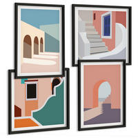 BILDER SET 4er Set - 50x50 cm & 40x60 cm Schwarzer Rahmen - Minimalistische Pastellgrafiken - Schwarz, Kunststoff (50/50cm) - TULUP