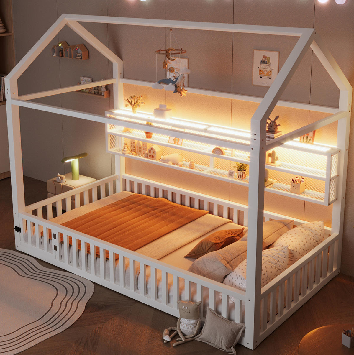 KINDERBETT Hausbett 90/200 cm aus Metall in Weiß mit Sicherheitszaun und LED - Weiß, Metall (90/200cm) - BEAOK