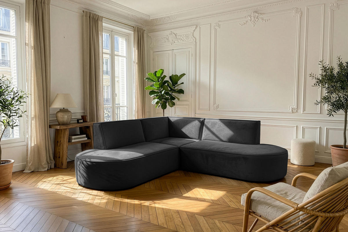 ECKSOFA Nora L-Form 3-Sitzer Universell, Samt, Schwarz 223/73/223 cm - Schwarz Hochglanz/Schwarz, Kunststoff/Textil (223/223cm) - WFL GROUP