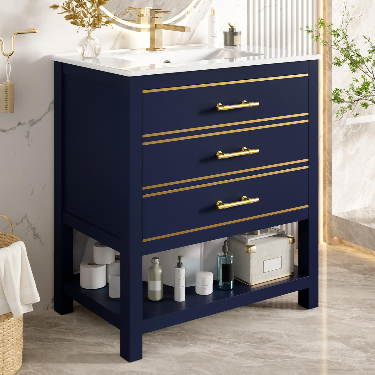 WASCHTISCHUNTERSCHRANK mit Keramikbecken 66x46.5x86cm Schwarz & blau mit Gold-Akzenten - Blau, Holzwerkstoff (76/86/46.5cm) - Modfu