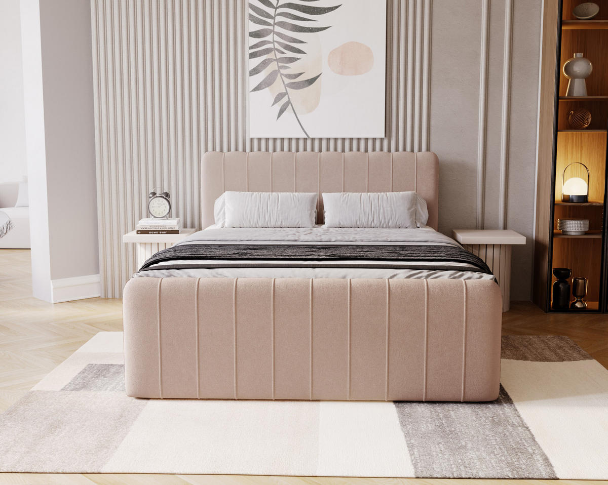 BOXBETT Bloom mit abgerundetem Kopfteil, Stoff Komodo Dunkelbeige 180x200 cm - Cappuccino, Holz (180/200cm) - Kaiser Möbel