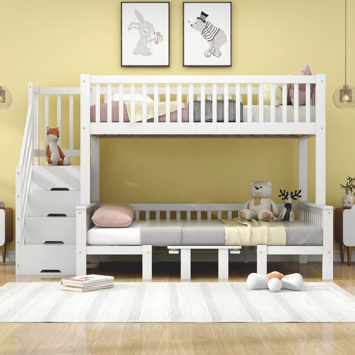 HOCHBETT 90/200 & 120/200 cm aus Kiefer und MDF mit Stauraumtreppe und Klapptisch Weiß - Weiß, Holz (90/200cm) - Modenvie