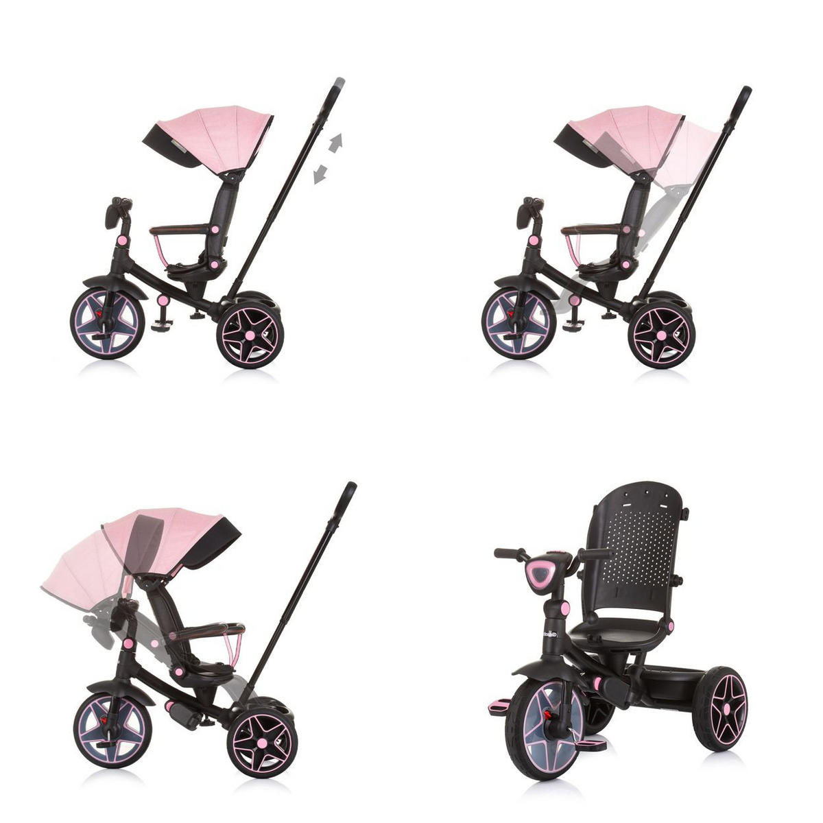 DREIRAD Derby 2 in 1 rosa Musik, Licht, Korb, Schiebegriff, Gurt - Rosa, Metall (80/50/105cm) - Chipolino