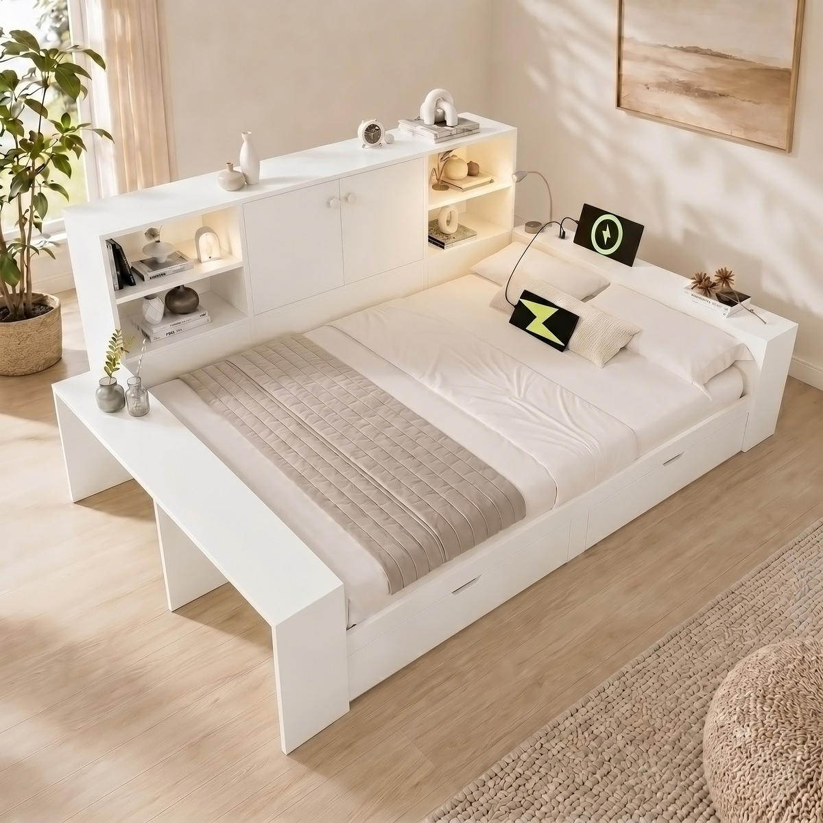 BETT 140/200 cm in Weiß mit 2 Schubladen, Stauraum, USB, Type-C und Leselampe Holz Design - Weiß, Holzwerkstoff (140/200cm) - STILVORA
