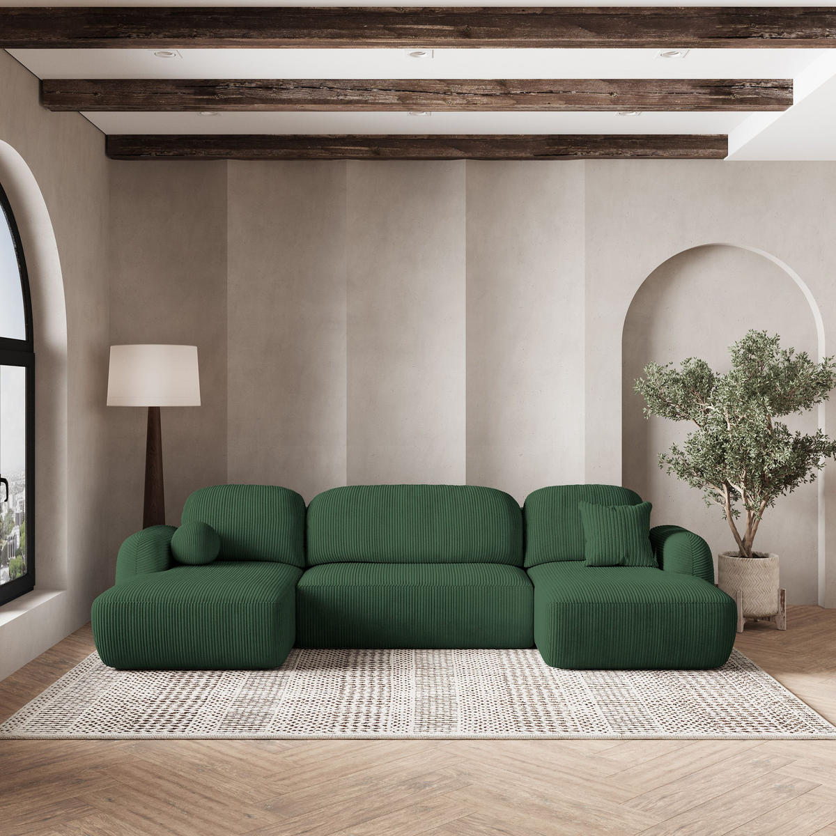 ROHOVÁ SEDAČKA SAVONA zelená barva - černá/zelená barva, dřevo/textil (320/148cm) - MASSENO