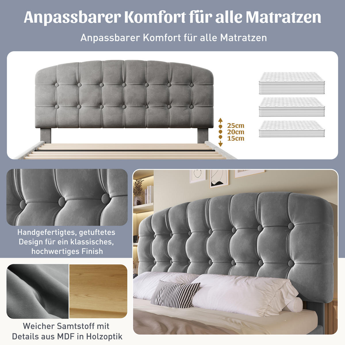 POLSTERBETT 140/190 cm in Grau Samt mit Schubladen, Stauraum und verstellbarem Kopfteil - Grau, Holzwerkstoff/Textil (140/190cm) - STILVORA