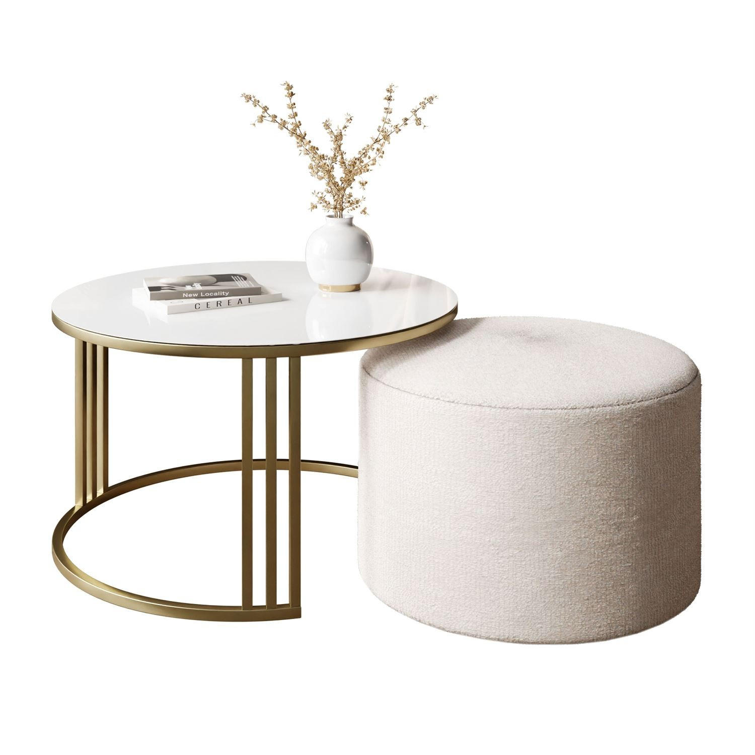 COUCHTISCH mit Hocker LORI GLASS gebürstetes Gold/weißes Glas/Perfect Harmony 01 - Schwarz, Metall (70/70/49cm) - Lookway