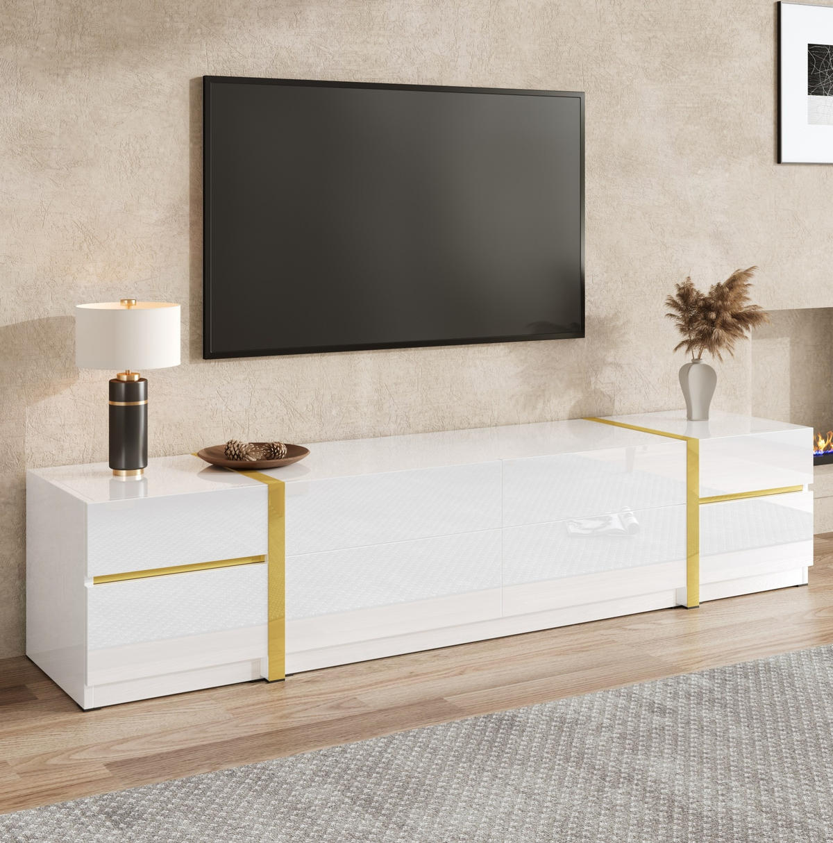 TV ormarić 180/40/38 cm bijeli od MDF-a i iverice s 4 ladice i 2 vrata - bijela, drvni materijal (180/38/40cm) - OKWISH