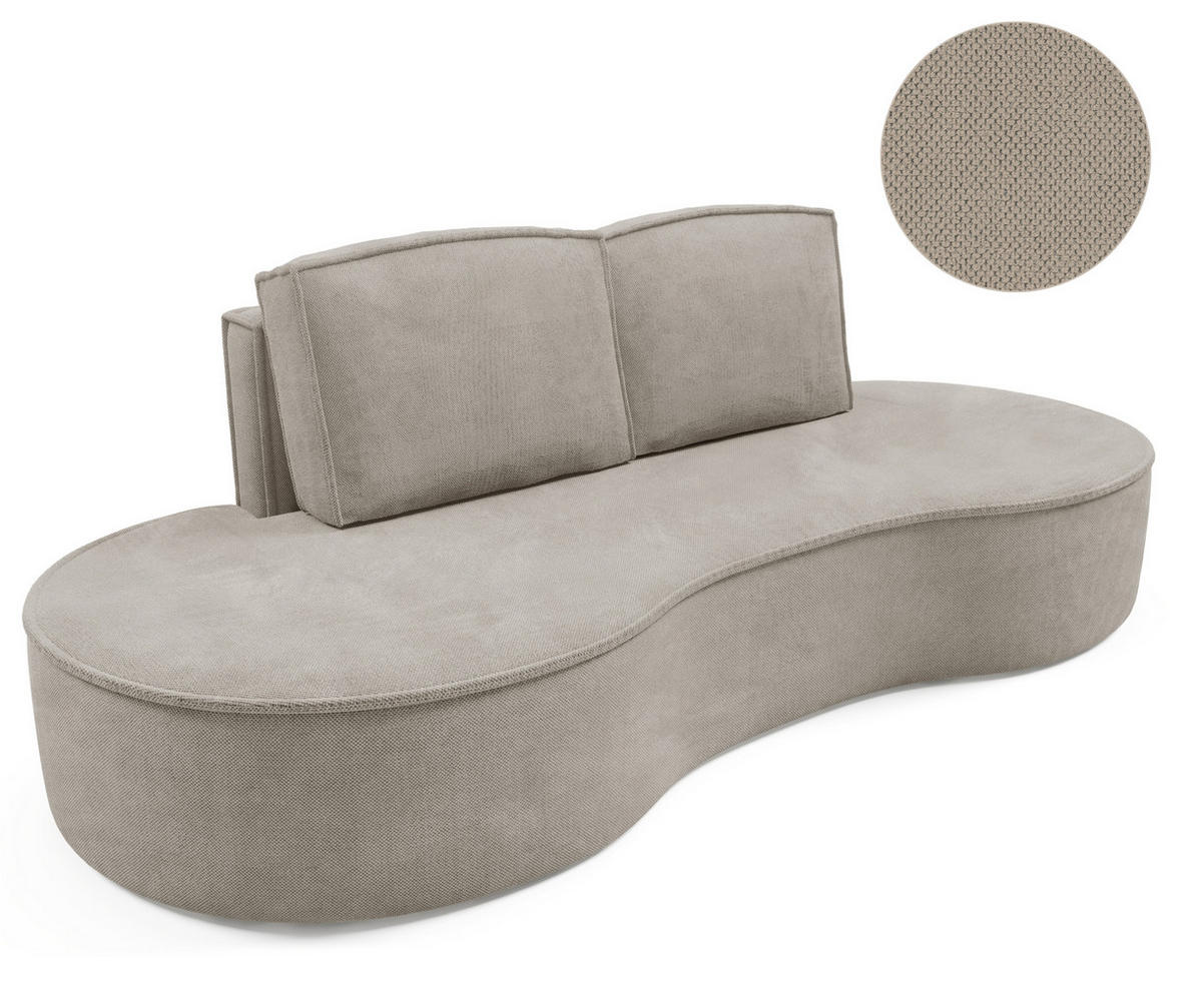 SOFA Molly – Freistehendes halbrundes Designsofa mit zwei eleganten, abnehmbaren RückenKissen, Curio Stoff, Größe: 234x101x88 cm, Esche - Silberfarben, Holz/Textil (234/88/101cm) - DomoHome