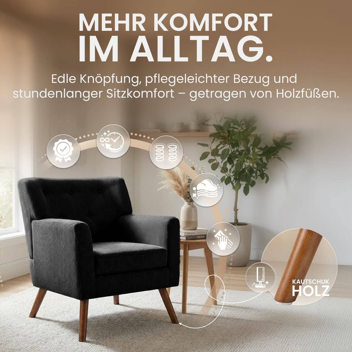SESSEL Cord Schwarz - Schwarz/Braun, Holz/Textil (72/80/74cm) - CLP