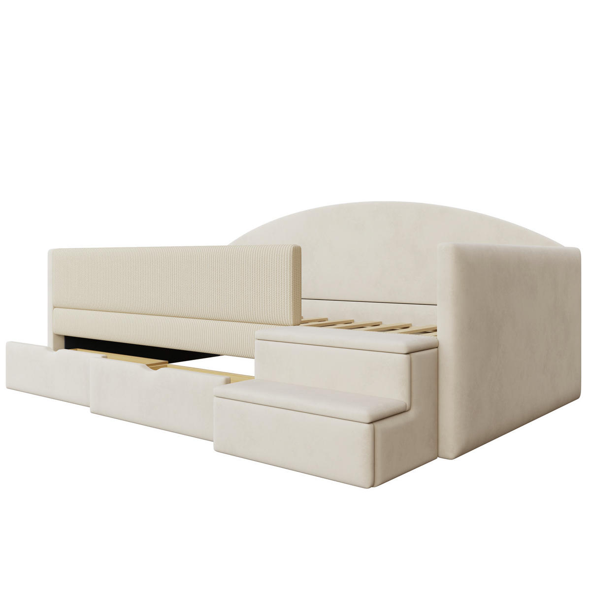 KINDERBETT 90/190 cm in Beige Samt mit 2 Schubladen und Stufen - Beige, Holzwerkstoff/Textil (90/190cm) - WISHDOR