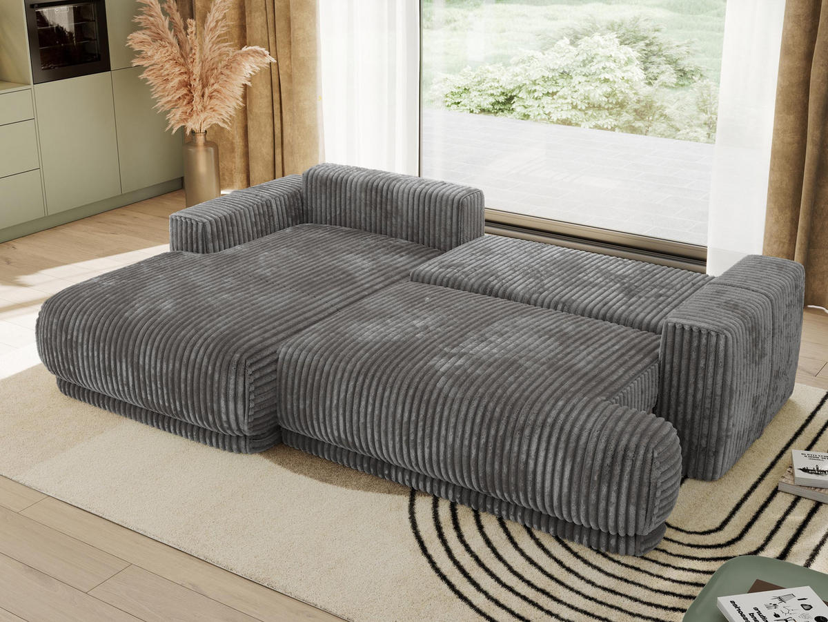 ECKSCHLAFSOFA RINA L Grau Cord - links - Schwarz/Grau, Kunststoff/Textil (266/172cm) - MKS