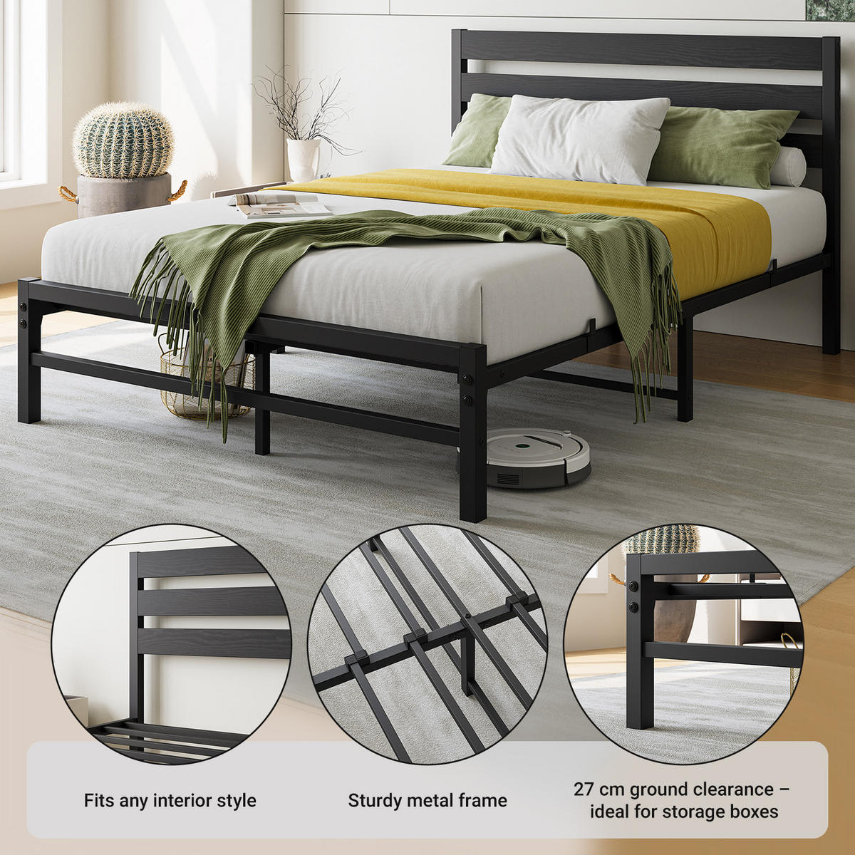 METALLBETT 90x200 cm Schwarz mit komfortablem Kopfteil, stabiler Konstruktion - Schwarz, Metall (90/200cm) - Modfu