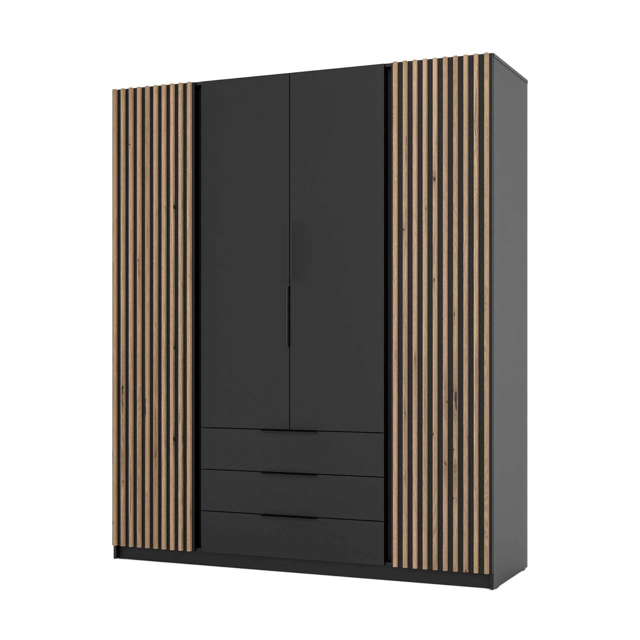 KLEIDERSCHRANK Nehir Korpus Schwarz, Front Schwarz/Eiche Evoke 200 cm - 4T3S Modern mit Schubladen und 2 Lamellentüren außen - Schwarz, Holzwerkstoff/Kunststoff (200/239/61.9cm) - AX Living