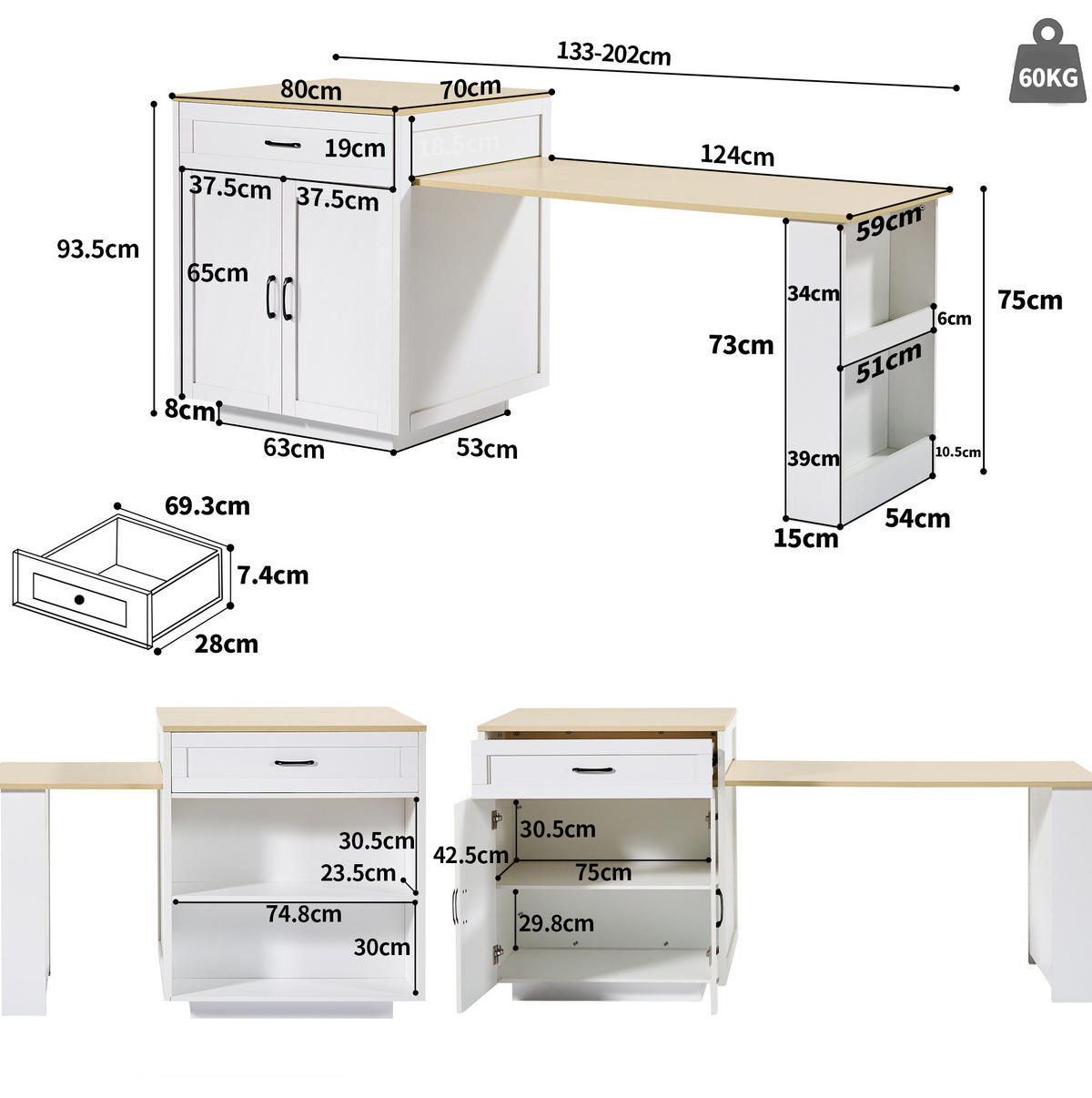 STEHTISCH ausziehbar mit Stauraum 133-202 x 70 x 93,5 cm Weiß - Weiß, Holz (70/93.5/133cm) - Beauniv