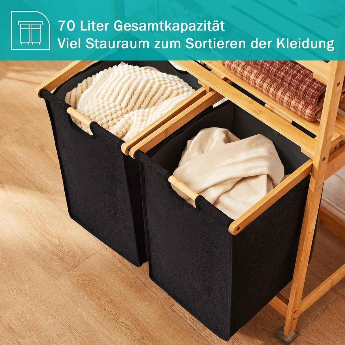 WÄSCHEKORB Bambus mit 2 Ablagen und 2 Wäschesäcken Schwarz 93 x 64 x 33 cm - Schwarz, Naturmaterialien (40.5/33/94cm)