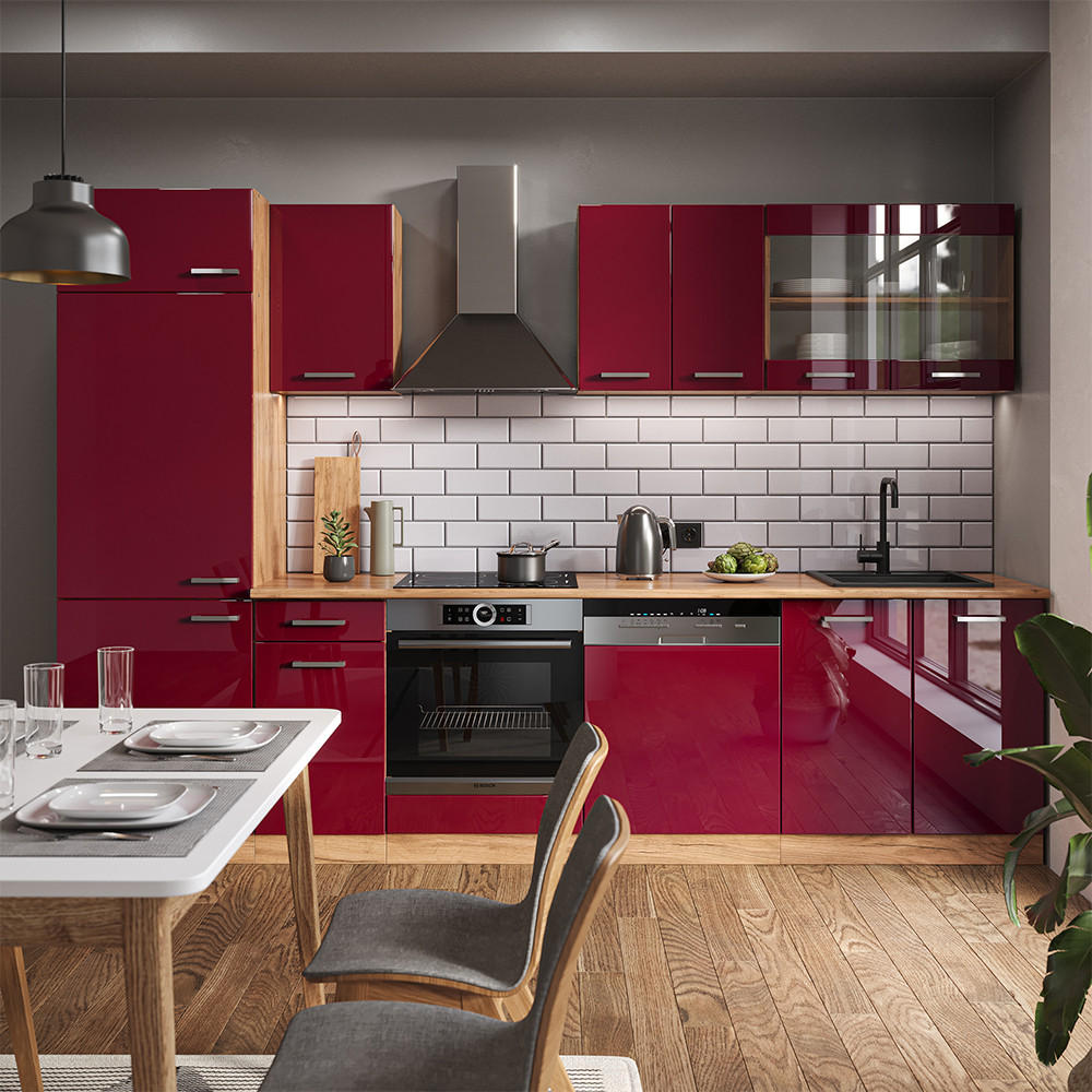 KÜCHENZEILE R-Line Rot Hochglanz/Goldkraft Eiche 300 cm ohne Arbeitsplatte - Honigeiche/Rot, Holzwerkstoff (300/81.6/46cm) - Vicco
