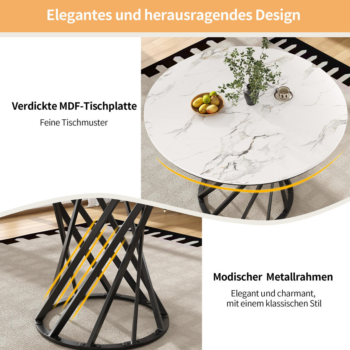 ESSTISCH 80/76/80 cm Schwarz/Weiß aus MDF und Metall mit verstellbaren Füßen - Schwarz, Holzwerkstoff (80/80/76cm) - OKMYHOME