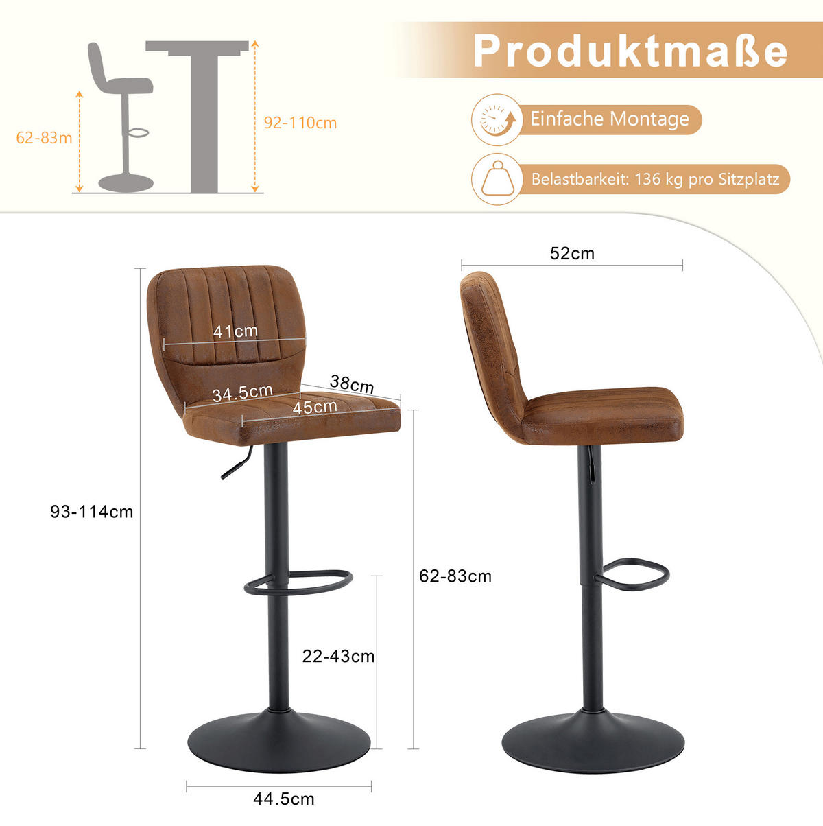 BARHOCKER höhenverstellbar 52 x 45 x 93-114 cm Schwarz/Braun - Schwarz, Metall (45/114/52.1cm) - Meubliv