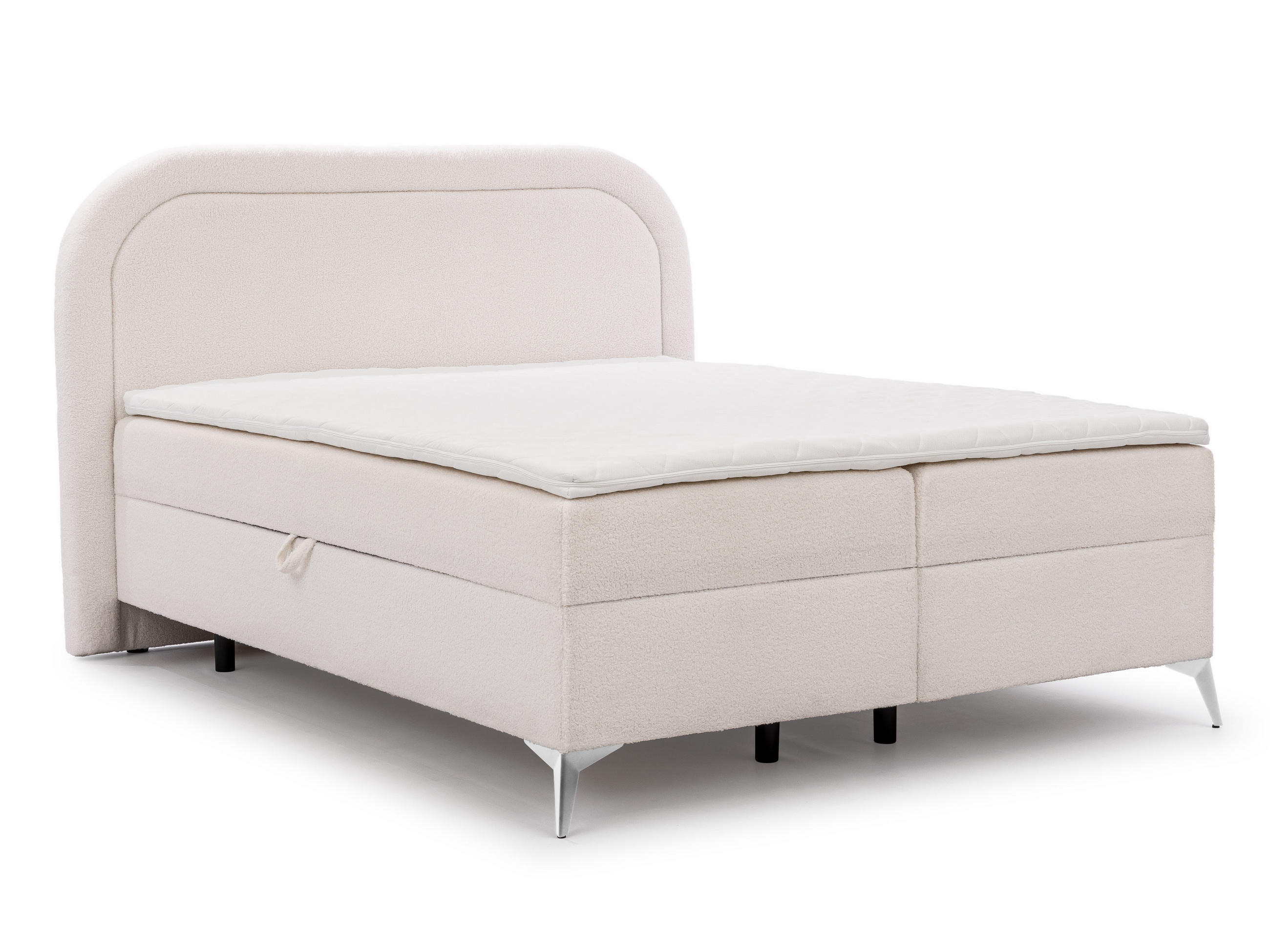 BOXBETT Sonna 160/200 cm Weiß Bouclé-Stoff mit abgerundetem Kopfteil und mit silbernen Metallfüßen - Silberfarben/Weiß, Holz/Textil (160/200cm) - S-Style Möbel