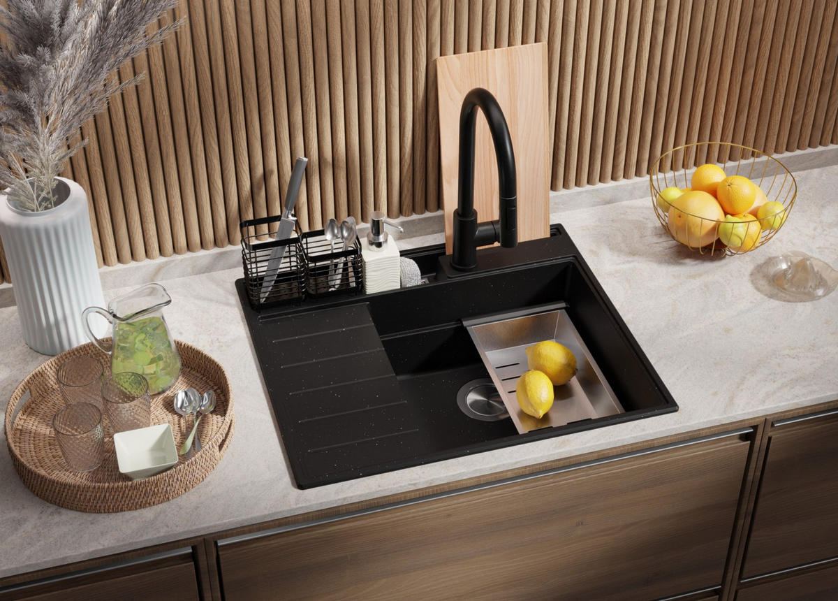 SPÜLBECKEN Sydney Pocket, 2-er set Schwarz Metallic 62/53 cm 1 Becken + Ablauf-Set + Küchenzubehörset ab 45er Unterschrank - Chromfarben/Schwarz Hochglanz, Kunststoff (62/20/53cm) - Primagran