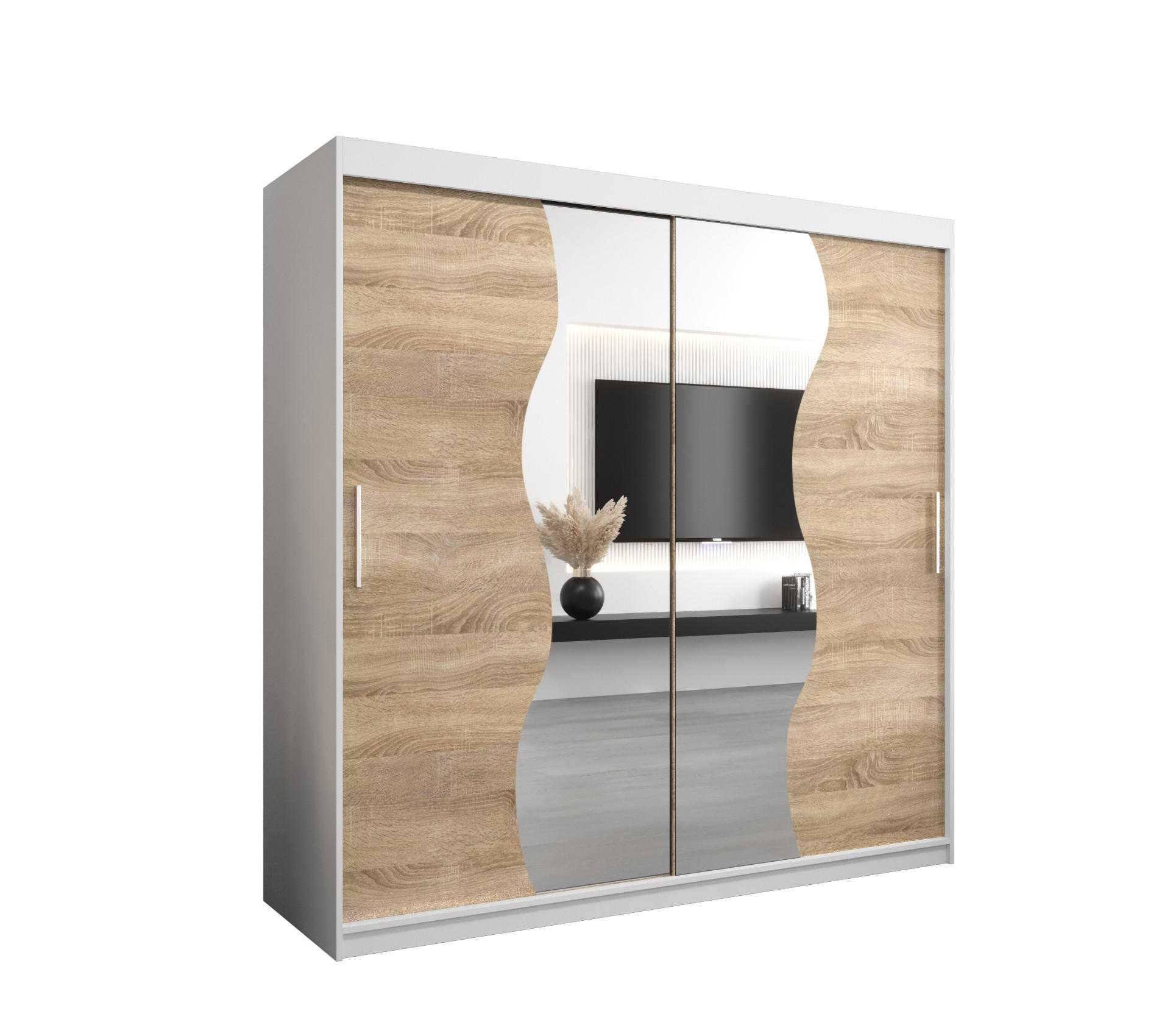Möbel Kryspol Schwebetürenschrank Weiß, Sonoma Eiche 200x200x62 cm