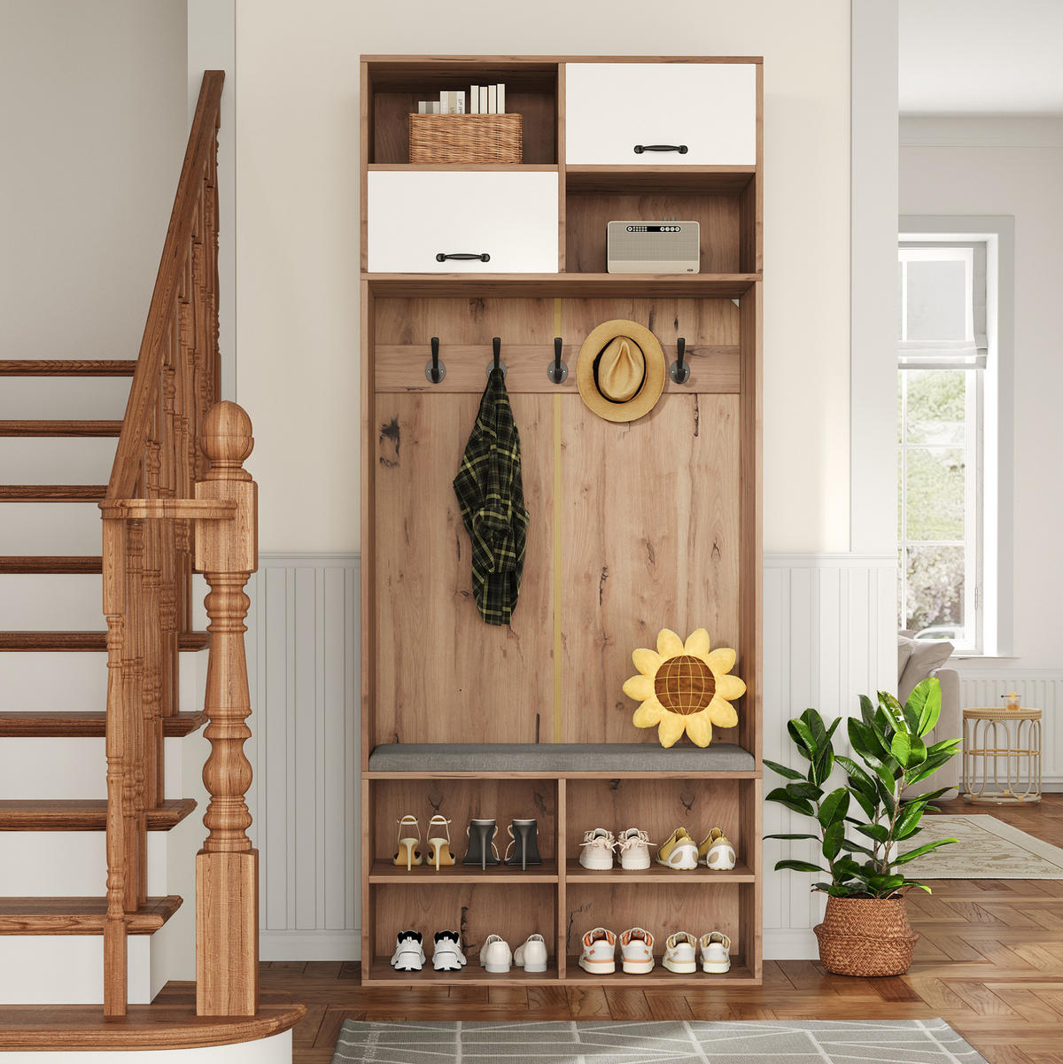 GARDEROBENSET 80/35/185 cm aus Spanplatte mit Sitzbank und LED-Beleuchtung Weiß/Naturfarben - Naturfarben, Holzwerkstoff (80/185/35cm) - Modenvie