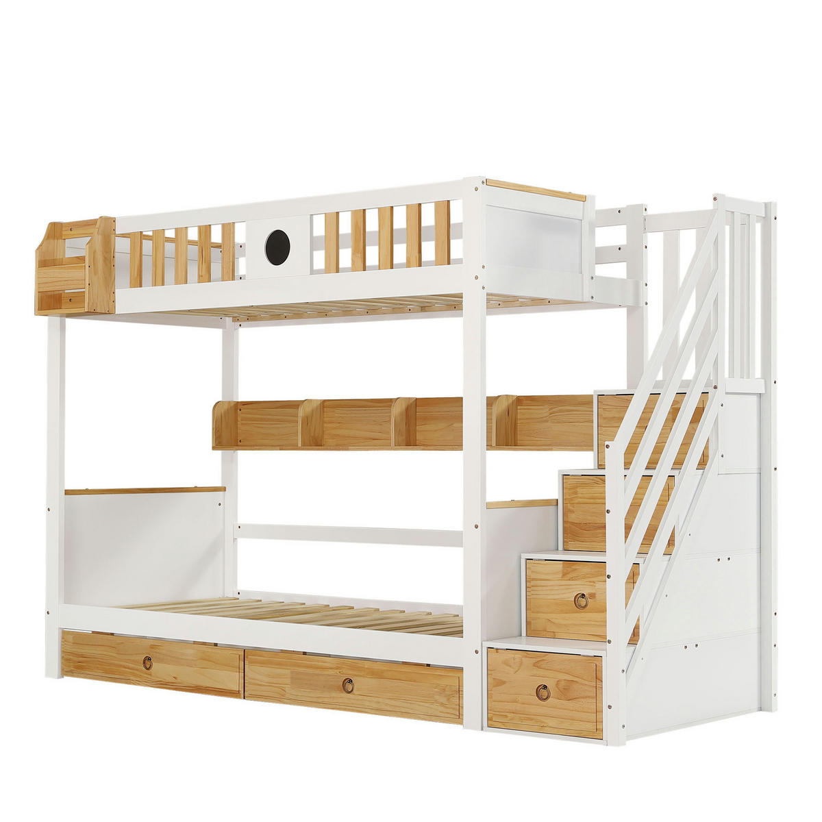 ETAGENBETT 90/200 cm mit Stauraumtreppe, Fallschutz, 2 Schubladen und Regal aus Kiefernholz & MDF, Weiß/Natur - Weiß, Holzwerkstoff (90/200cm) - Redom