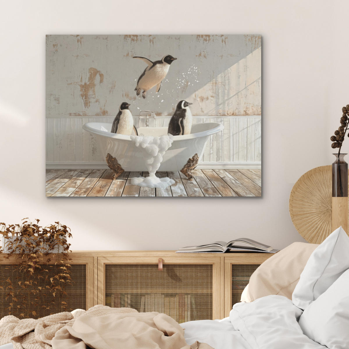 AKUSTIKPANEEL Vintage - Pinguin - Badewanne - Schaumstoff 80x60 cm - Schwarz, Textil (80/0.9/60cm) - MuchoWow
