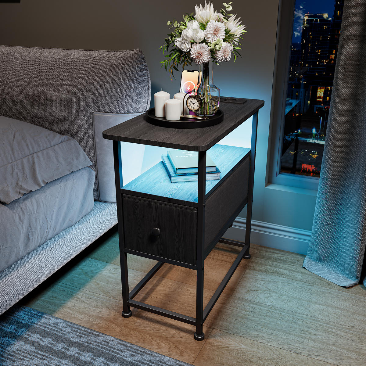 NATTDUKSBORD Svart LED USB 1 Låda - Svart, Metall (30/62/60cm) - SHOPENTRA