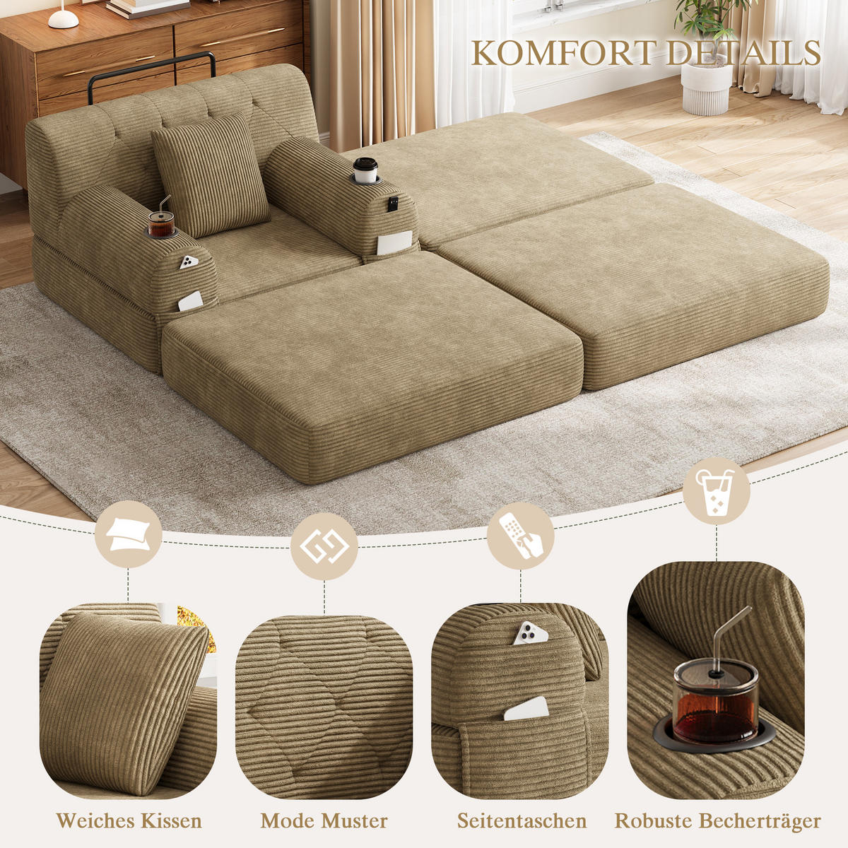 SCHLAFSOFA mit Hocker und Liegefunktion aus Cord Khaki - Taupe, Textil (191/60/162cm) - EVRYAE