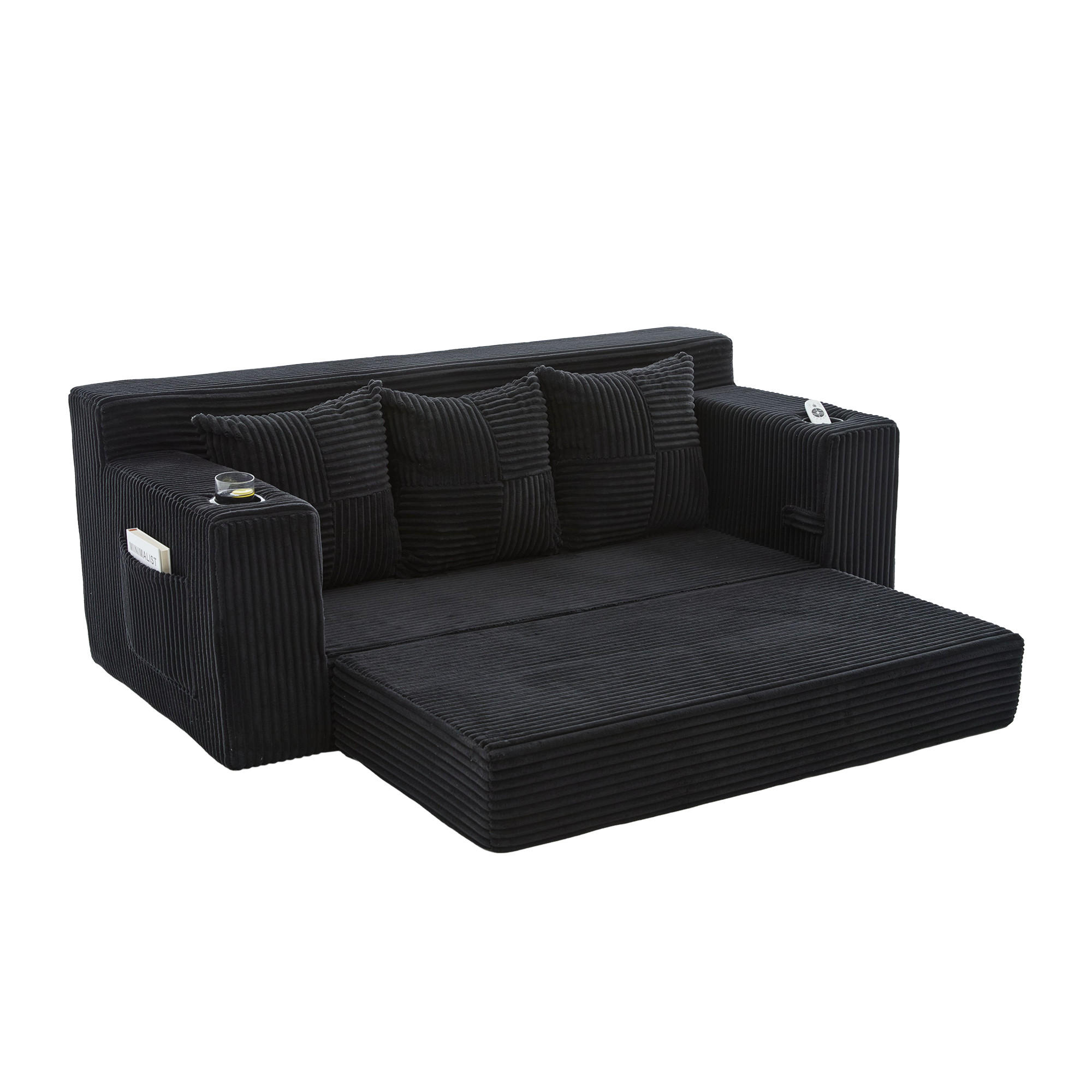 2-SITZER Bodensofa ausklappbar, Getränkehalter/Seitentaschen, Cord, Schwarz - Schwarz, Textil (172/64/87cm) - LVHOM