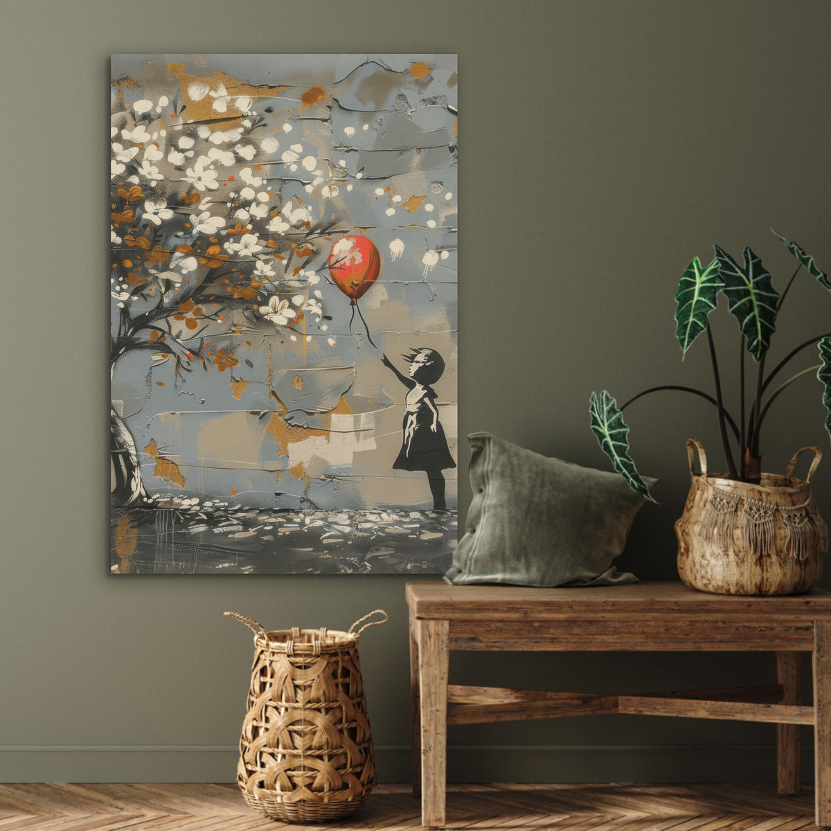 AKUSTIKBILD Baum - Graffiti - Banksy-Stil - Ballon-Mädchen Wanddeko 60x90 cm - Blaugrau, Kunststoff (60/90/0.9cm) - MuchoWow