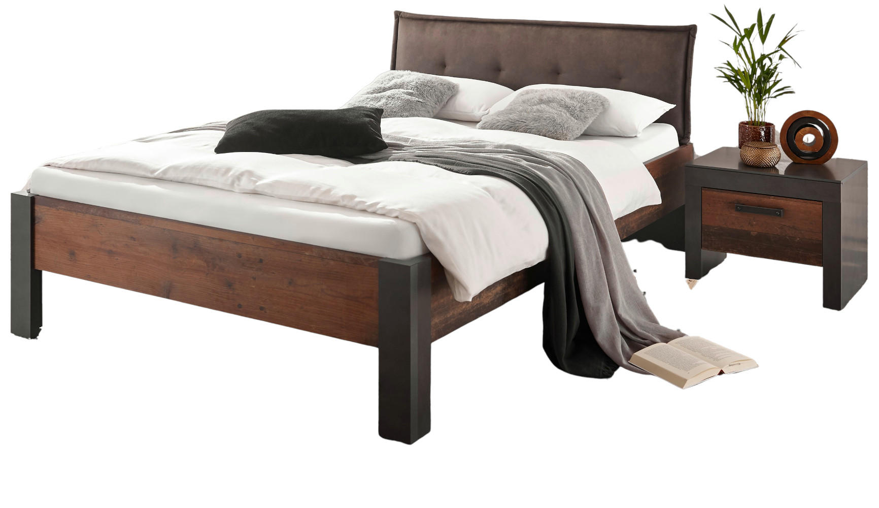 BETTANLAGE Used Wood Shabby Matera grau, Liegefläche 140 x 200 cm, Schlafzimmer Set 2-teilig - Braun/Grau, Holzwerkstoff (140/200cm) - Furn.Design