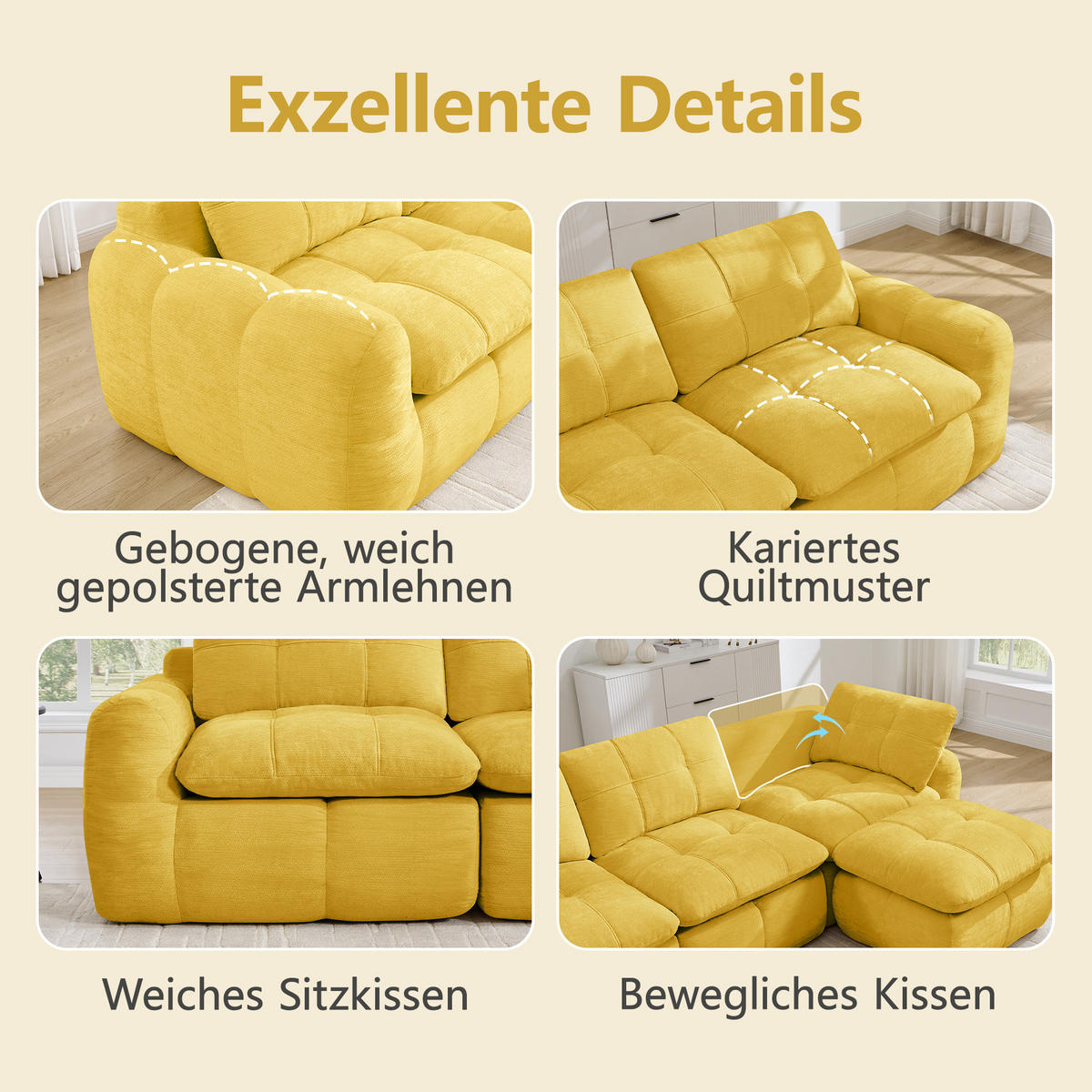 3-SITZER-SOFA DE-34464 Karostepp-Design und 32D-Schaum Gelb - Gelb, Textil (97/68/264cm) - ComfortXL