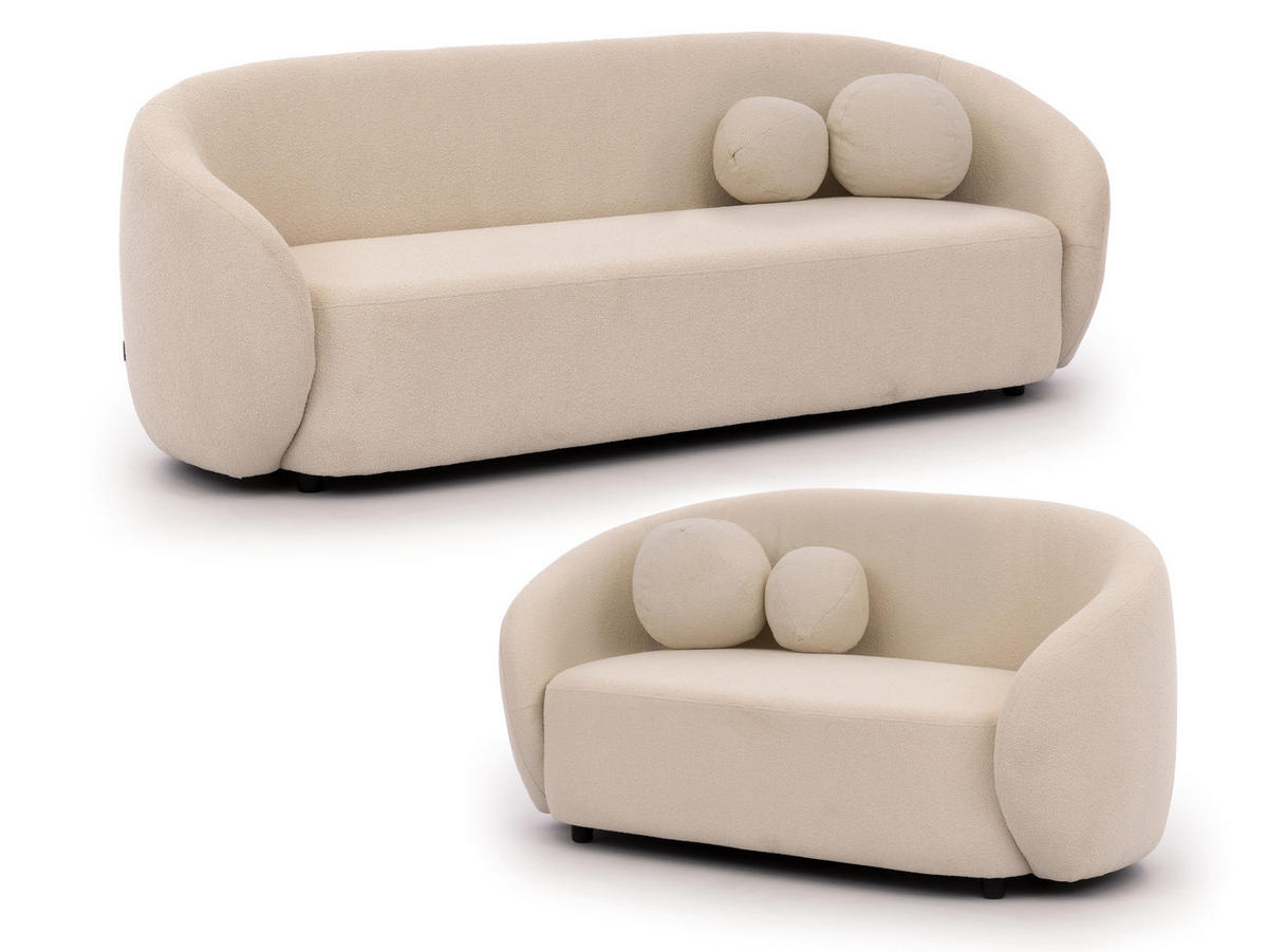 SITZGARNITUR 3+2 Roundi Cremeweiß Bouclé - Creme/Schwarz, Holz/Kunststoff (208/76/80cm) - S-Style Möbel