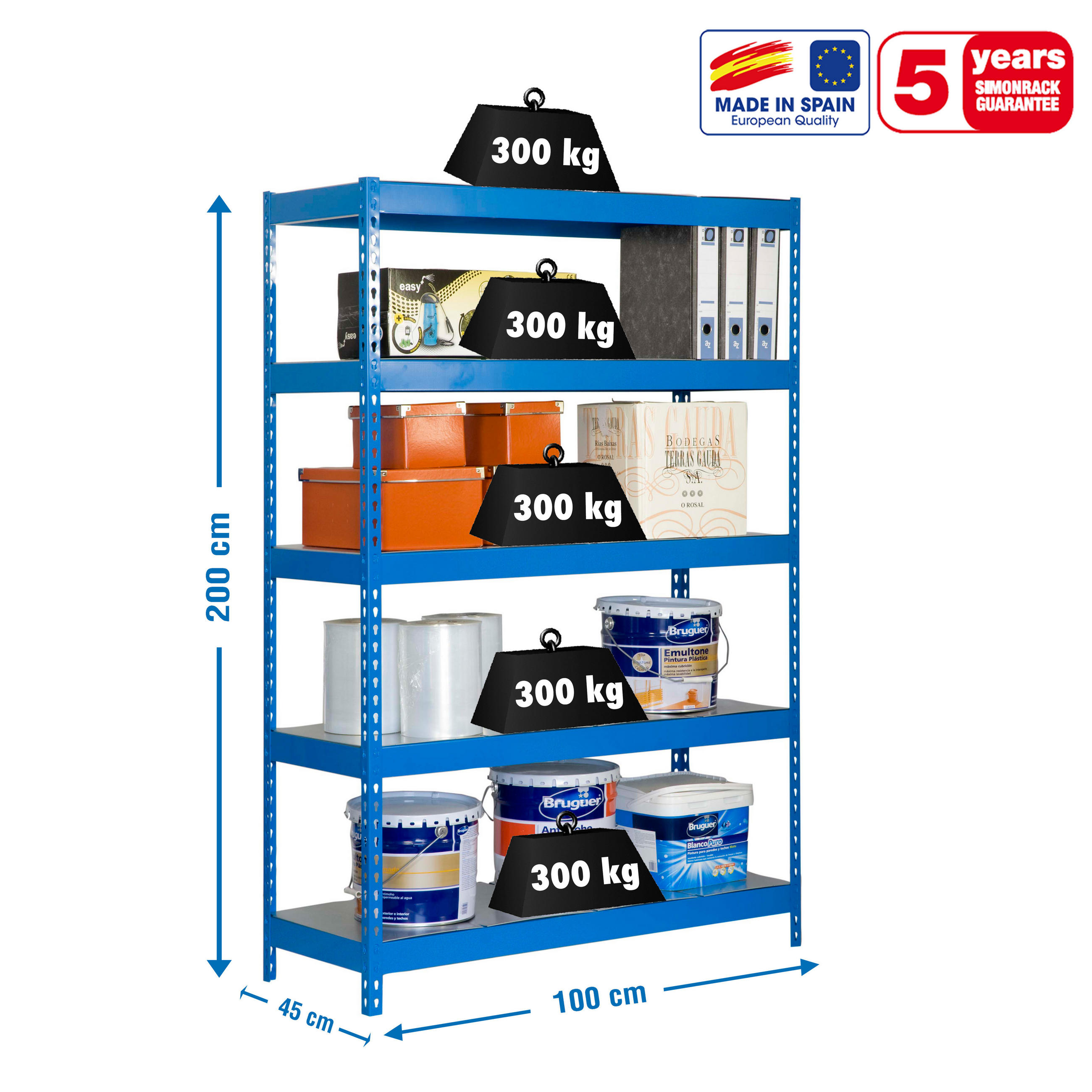 SCHWERLASTREGAL METAL YETI LIGHT FIVE | HxBxT 200x100x45cm | Fachlast 300kg | Blau - Blau, Metall (100/200/45cm) - PROREGAL