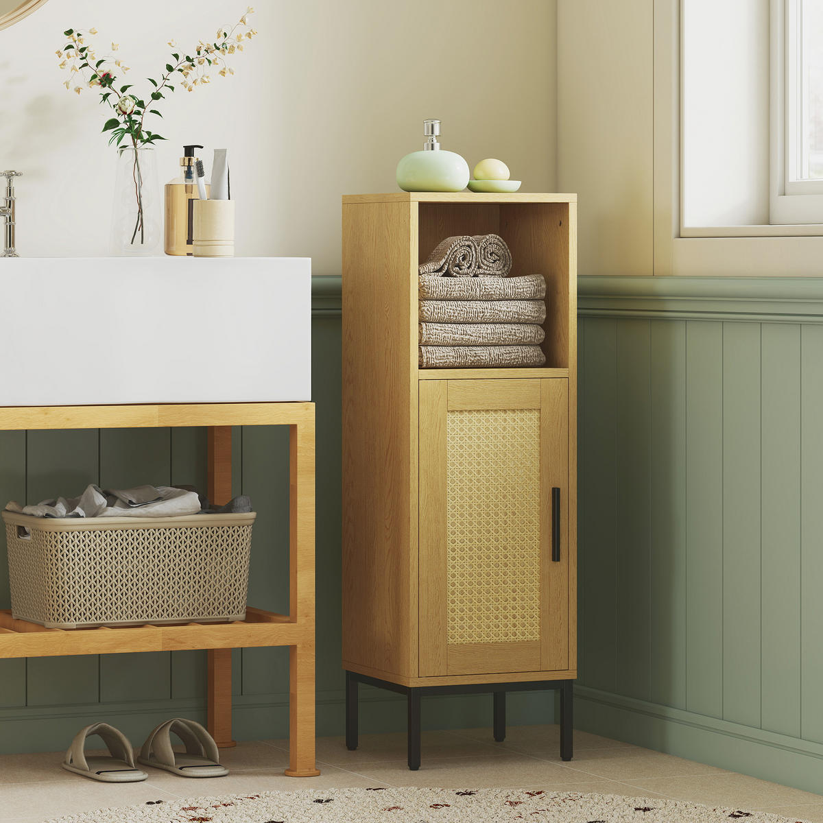 BADEZIMMERSCHRANK Spanplatte Stahl Naturholz - Schwarz/Naturfarben, Holzwerkstoff/Kunststoff (30/94/30cm) - HOMCOM