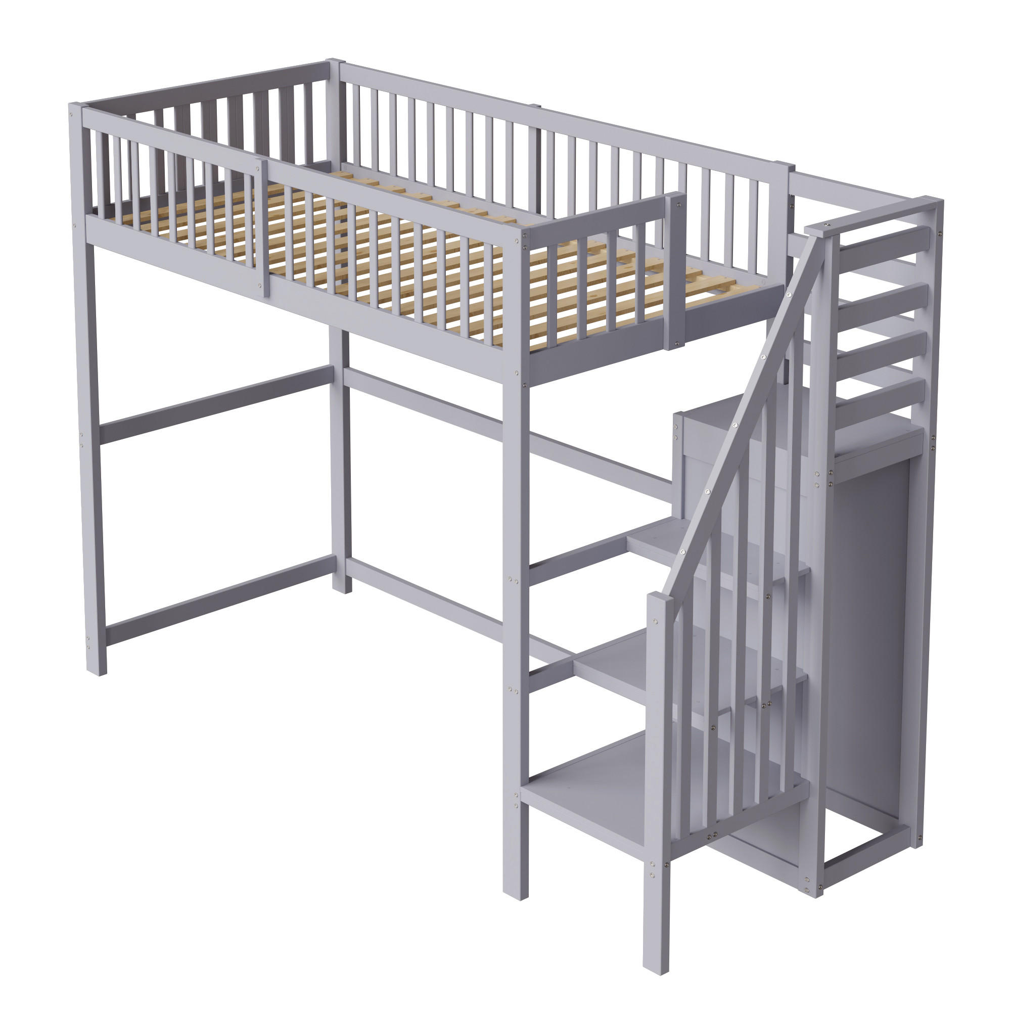 HOCHBETT 90/200 cm DE-01302, in Grau, mit Treppe, Kleiderschrank und Regal - Grau, Holz (90/200cm) - ComfortXL