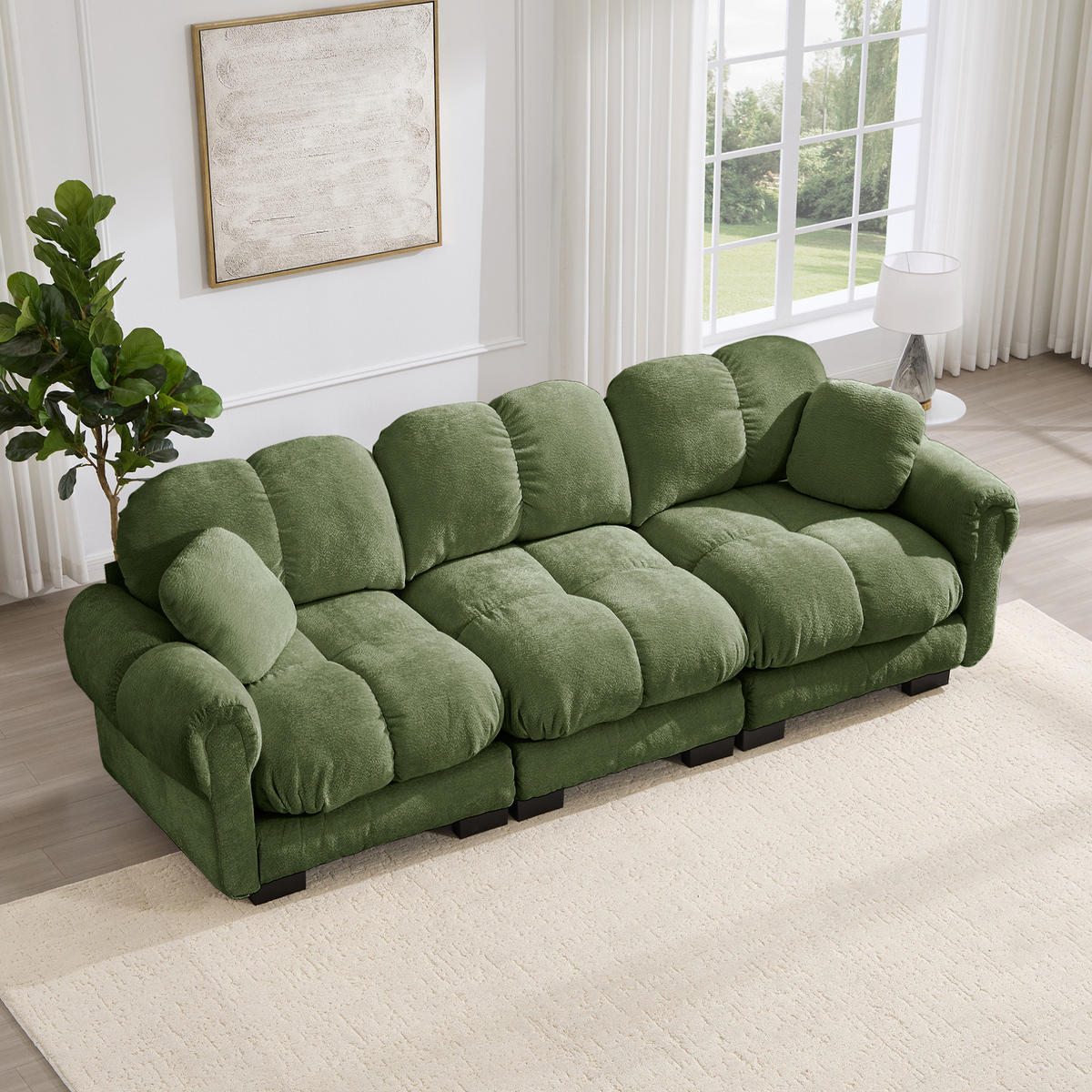 SOFA 260/86/90 cm in Grün aus Chenille mit Steppnähten und modularer Bauweise - Grün, Textil (86/90/260cm) - Flora Grace