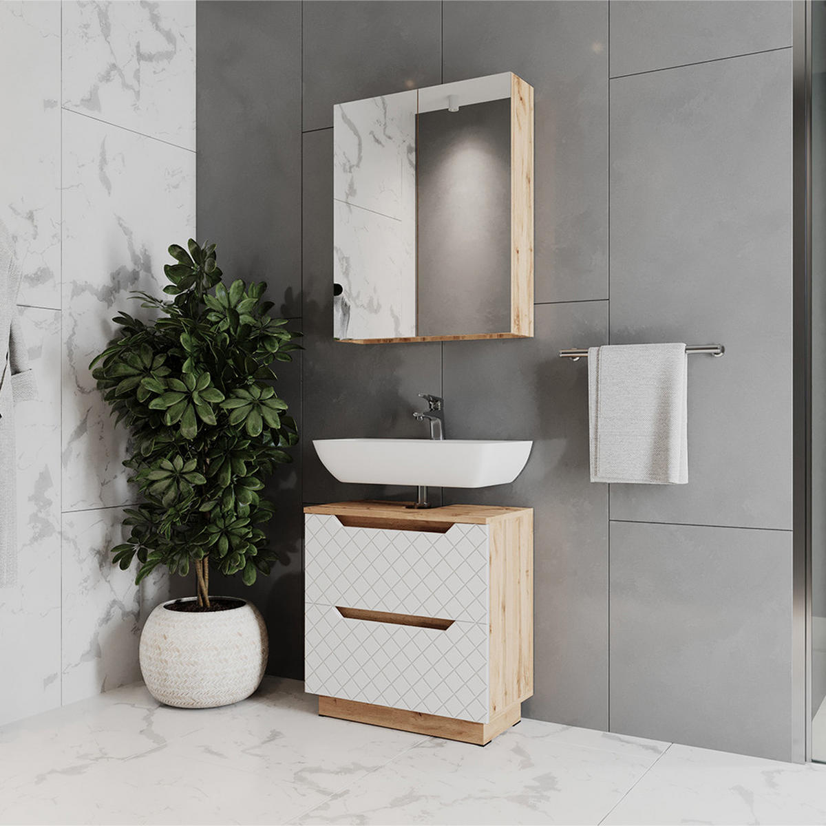 BADMÖBEL-SET Lotta Eiche/Weiß mit Kachelstruktur 2 Teile - Weiß, Holzwerkstoff (59.8/62.5/32cm) - Vicco