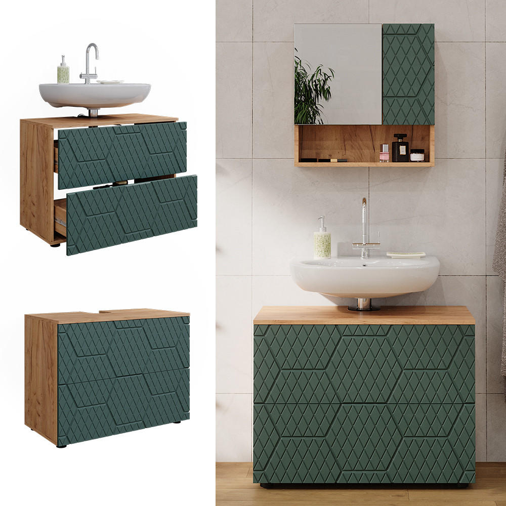 WASCHBECKENUNTERSCHRANK Irma Grün 80 cm mit 2 Schubladen - Eiche Wotan/Grün, Holzwerkstoff (80/58.6/41cm) - Vicco