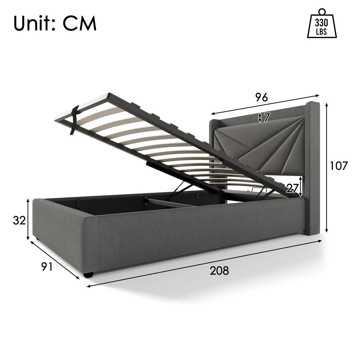 ČALOUNĚNÁ postel 96/208/107 cm šedá, s USB-C, úložným prostorem a matrací - šedá, textil (90/200cm) - BEAOK
